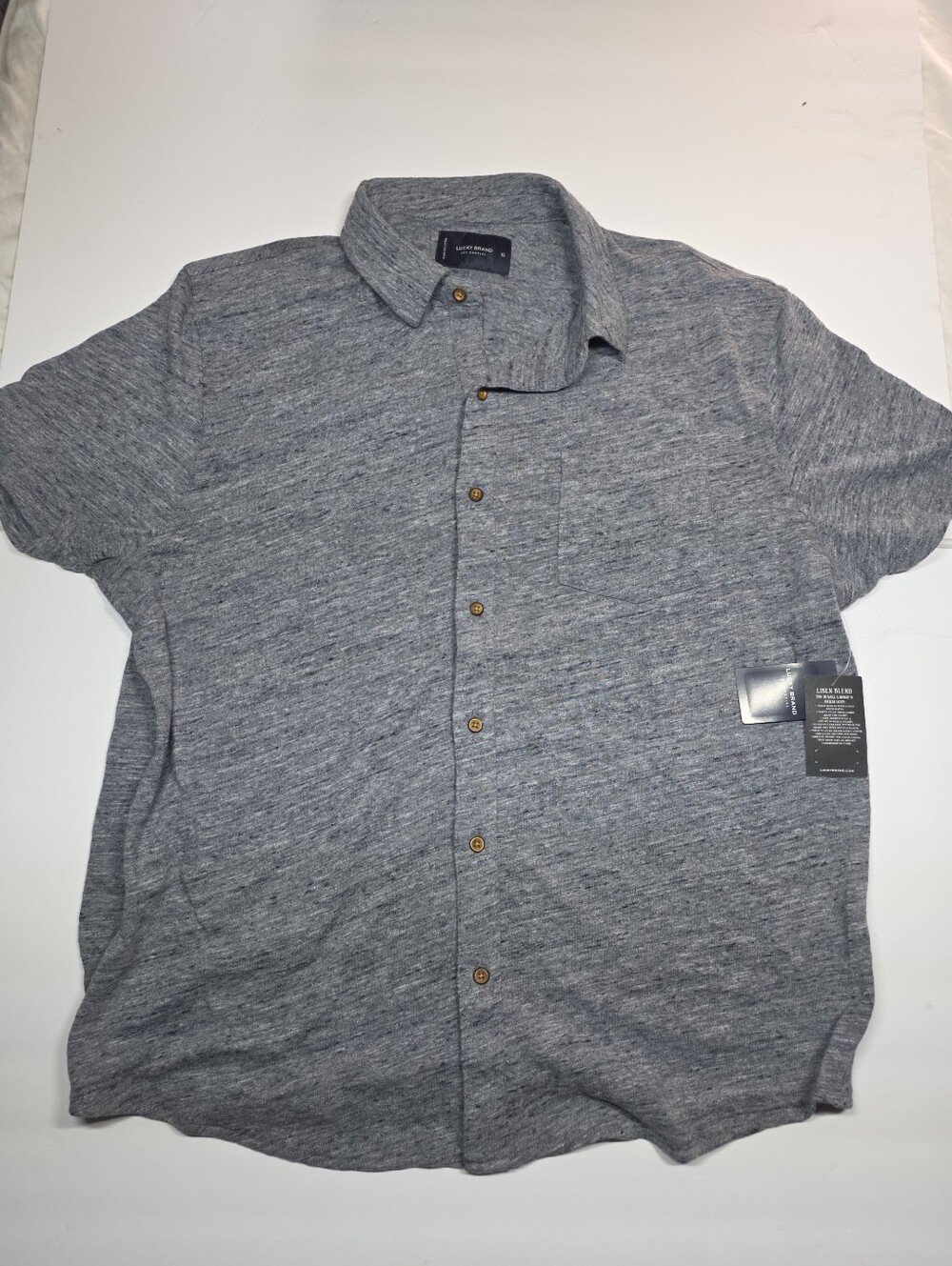 Men's Short Sleeve Grey Blue Button-Up Shirt Linen Blend Lucky Brand XL